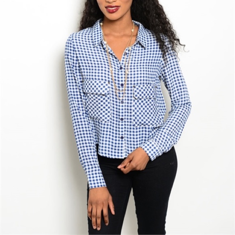 NWT BLUE WHITE PLAID BLOUSE JUNIOR S M L